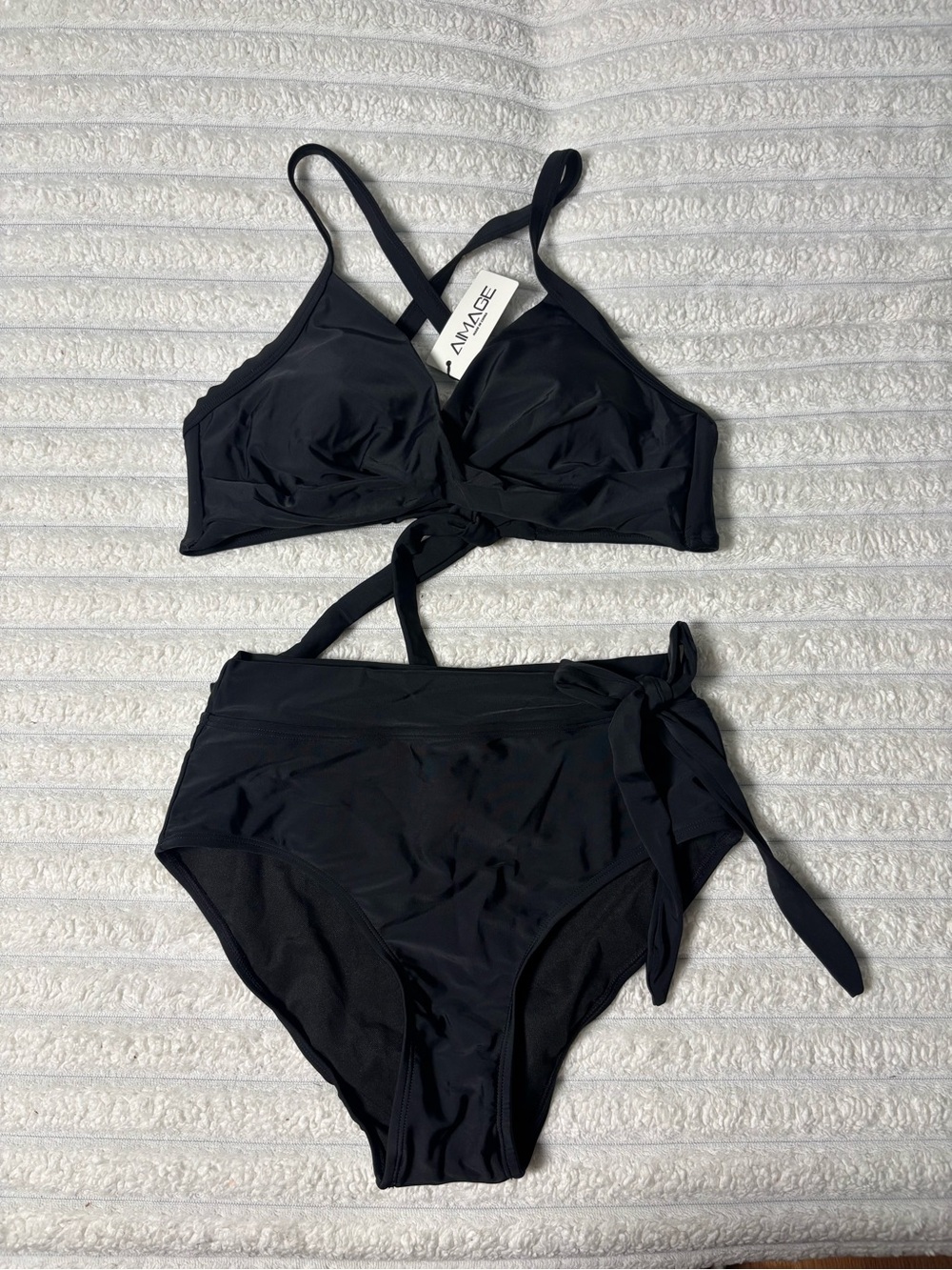 Black High-Waist Wrap Bikini Set with Side Tie - Women Swim - Picture 5 of 8